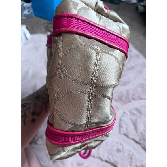 Coach Signature Poppy Canvas Contrast Trim Tote Shoulder Bag Beige Pink Large GU - Picture 4 of 6